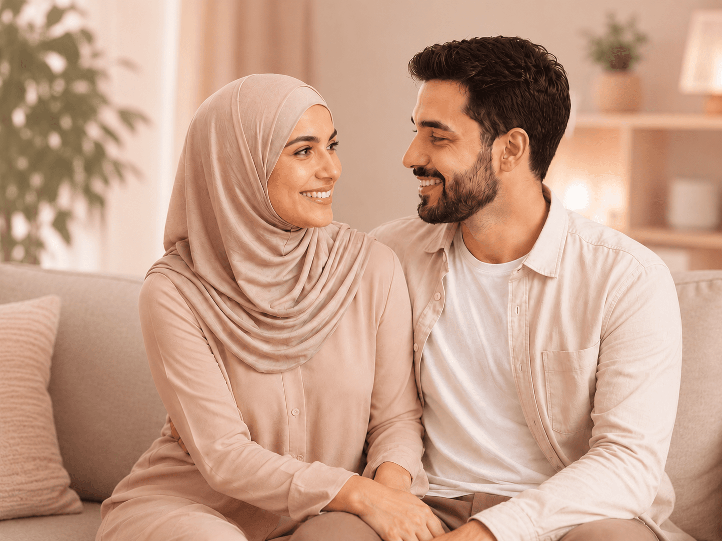 Ein muslimisches Paar sitzt beieinander auf dem Sofa und lächelt sich an